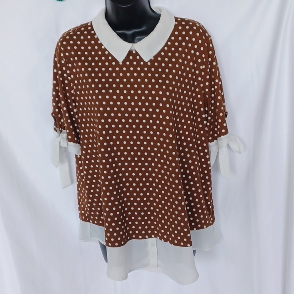Vintage Style Brown & White Polka dot Collared Bow Tie Sleeve Blouse XL, 22" PTP